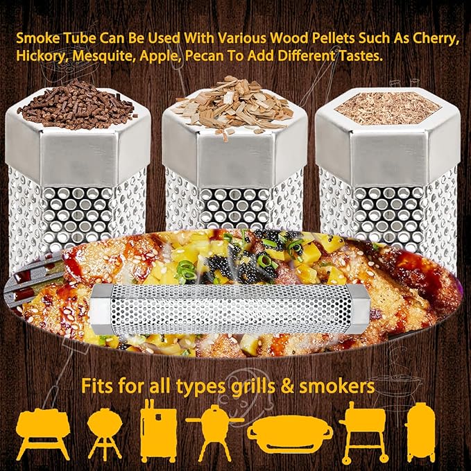 2 Pack 12" Smoker Tube, Pellet Smoker Tube Stainless Steel for BBQ Grill - 5 Hours Billowing Smoke for Hot/Cold Smoking Cheese, Meat, Fish, Hexagon Design, Includes Hooks, Basting & Cleaning Brushes