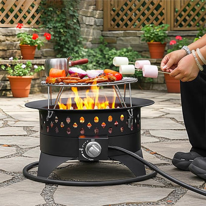 Breezz 20” Outdoor Fire Pit with Grill, 60000 BTU Smokeless Firepit, External Propane Required, Foldable Cooking Grate, Adjustable Flame, Patio Camping BBQ