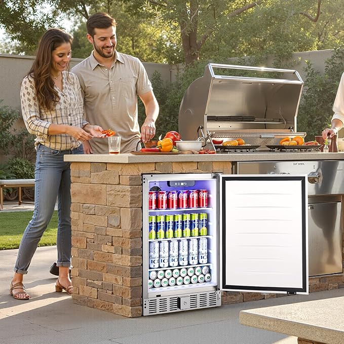 VEVOR 24-Inch Indoor/Outdoor Beverage Refrigerator, 150 QT Freestanding or Undercounter Beverage Fridge, 180 Cans Built-in Beer Fridge with Stainless Steel Body for Residential Home Bar Commercial Use