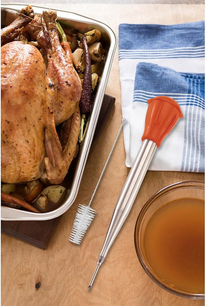 HIC Kitchen Roasting Heat Resistant Turkey Baster with Injector Needle and Cleaning Brush, 18/8 Stainless Steel and Silicone, 13-Inch, 2-Ounces