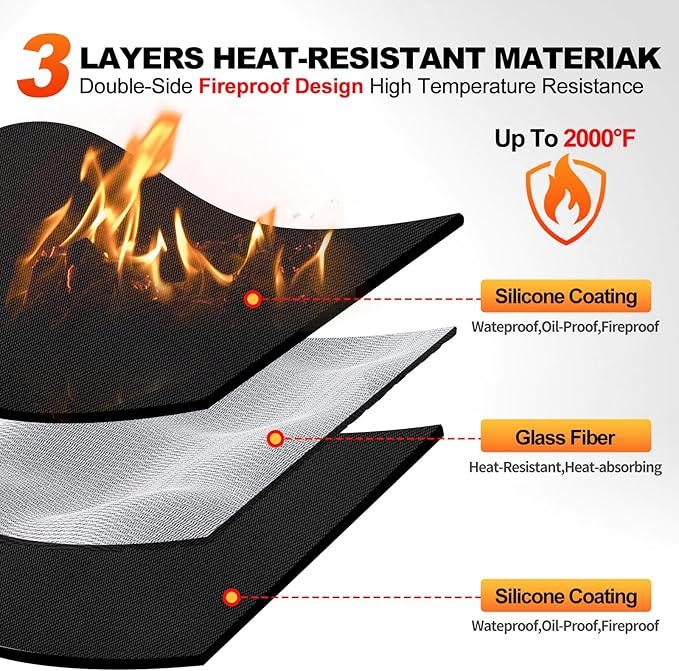 48" x 36" Grill Mats for Outdoor Grill, 2000°F Fireproof Under Grill Mat, Double-Sided Silicone Grill Pads for Deck Protector, Waterproof Oil-Proof BBQ Grill Matt for Fire Pit, Black
