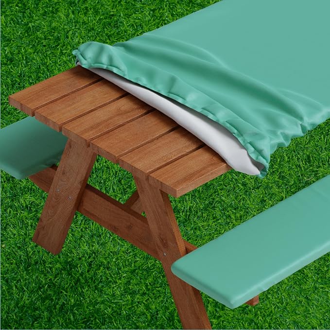 Picnic Table Cover with Bench Covers -Fitted with Elastic, Vinyl with Flannel Back, Fits for Table 30"x 60" Rectangle,Water Proof, Solid Green Design