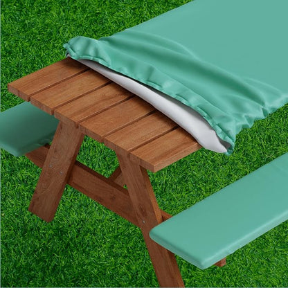 Picnic Table Cover with Bench Covers -Fitted with Elastic, Vinyl with Flannel Back, Fits for Table 30"x 96" Rectangle,Water Proof, Solid Green Design
