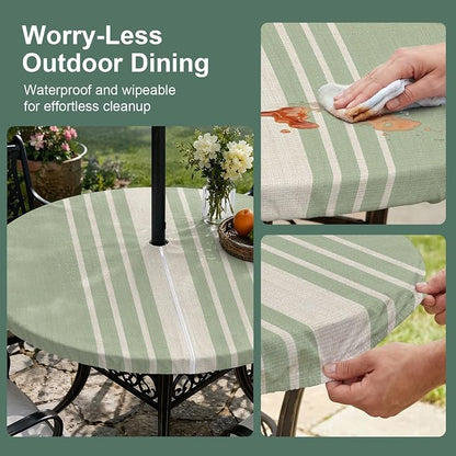 Outdoor Fitted Tablecloth with Umbrella Hole and Zipper, Sage Green Beige Striped Elastic Round Patio Table Cover, Farmhouse Retro Lines Modern Table Protector for Backyard BBQ Party 55''-60''