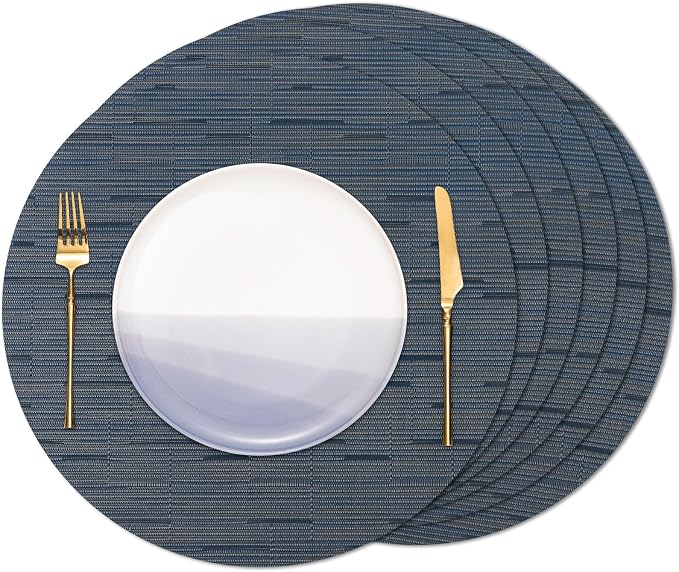 15 Inch Round Placemats Set of 6, Washable Vinyl Woven Place Mats | Heat Resistant Non-Slip Braided Table Mats for Dining Table Kitchen Indoor & Outdoor Use (Black Dark Blue, Set of 6)