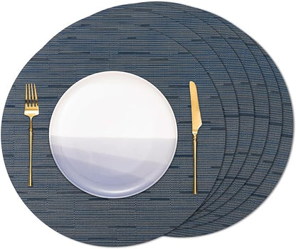 15 Inch Round Placemats Set of 6, Washable Vinyl Woven Place Mats | Heat Resistant Non-Slip Braided Table Mats for Dining Table Kitchen Indoor & Outdoor Use (Black Dark Blue, Set of 6)