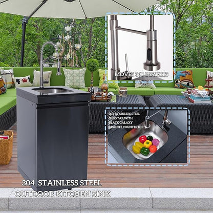 82-Inch Outdoor Kitchen Bar Island Grill with 6-Burner Natural Gas, 85,000 BTU Stainless Steel Gas Outdoor Grill Island Wine Cooler, Sink, Black Granite Countertops, For Patio Backyard BBQ, Black
