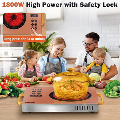 Single Burner Electric Cooktop, Protable Electric Stove with Handle, 1800W One Burner Ceramic Stove top for Dorm, Home, RV, Child Lock, Timer, Steam, BBQ, Stir Fry,110V - 120V Plug in, Orange
