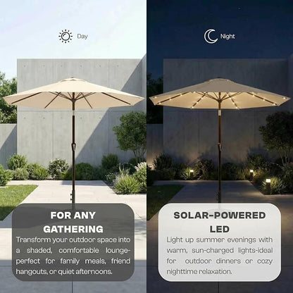 10FT Solar Lighted Patio Umbrella, Outdoor Table Market Umbrellas with Push Button Tilt and Crank, 32 LED Lights, 8 Sturdy Ribs, UV-Resistant for Deck, Garden, Pool