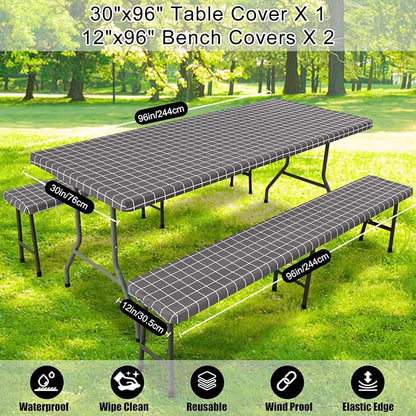 Smiry Picnic Table Cover with Bench Covers, Waterproof Elastic Fitted Tablecloth for 8 Foot Tables, Washable Polyester Tablecloths for Camping, Indoor & Outdoor (Grey & White, 30x96 Inch 3-pc Set)