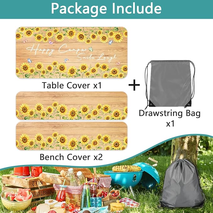 Sunflower Wood Picnic Table Cover with Bench Covers Elastic Edges | Floral Fitted Table Cover, 30x60 Inch 3PCS Outdoor Patio Camping Essentials, Waterproof Camping Fitted Tablecloth and Bag