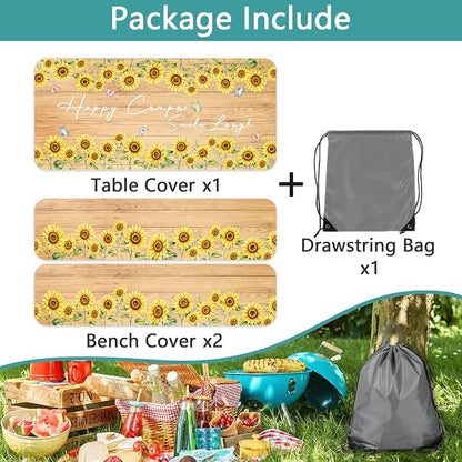 Sunflower Wood Picnic Table Cover with Bench Covers Elastic Edges | Floral Fitted Table Cover, 30x60 Inch 3PCS Outdoor Patio Camping Essentials, Waterproof Camping Fitted Tablecloth and Bag