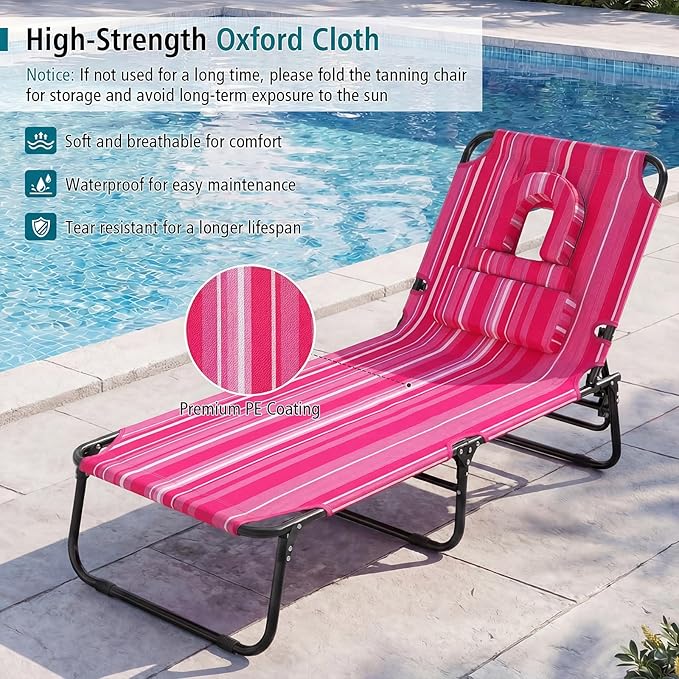 GYMAX Tanning Chair, Folding Lounge Chairs with Face Hole & Cover, Removable Pillow Carry Handle, Portable Compact Outdoor Layout Recliner for Beach, Poolside, Lawn, Patio, Camping (Pink Stripe,1)