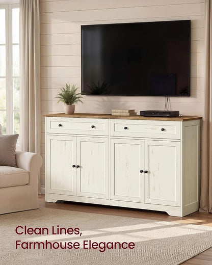 VASAGLE Siren Collection - Buffet Cabinet, Farmhouse Coffee Bar Cabinet with 2 Drawers, Adjustable Shelves, 4 Doors, Sideboard, 15.8 x 55.1 x 31.5 Inches, Rustic White and Honey Brown ULSC541WJ01S