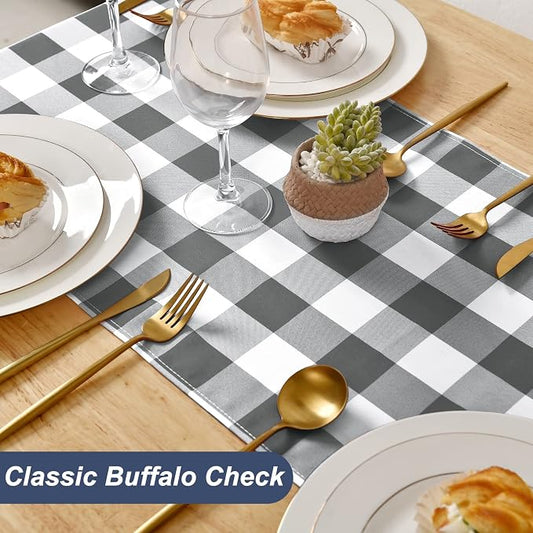 Hiasan Buffalo Plaid Table Runner, Classic Farmhouse Tabletop Collection, Waterproof Table Runner for Kitchen Dining, Banquet, Restaurant, Outdoor Use, 14W x 72L, Grey and White, 1 Piece