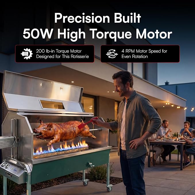 52 Inch Propane Rotisserie Spit Roaster for Whole Pig, Lamb, Goat, Stainless Steel BBQ Grill with Hood, 50W Motor 200 lb Torque, 4 RPM, Thermometer, Grates, Drip Pan & Accessories - SSG1