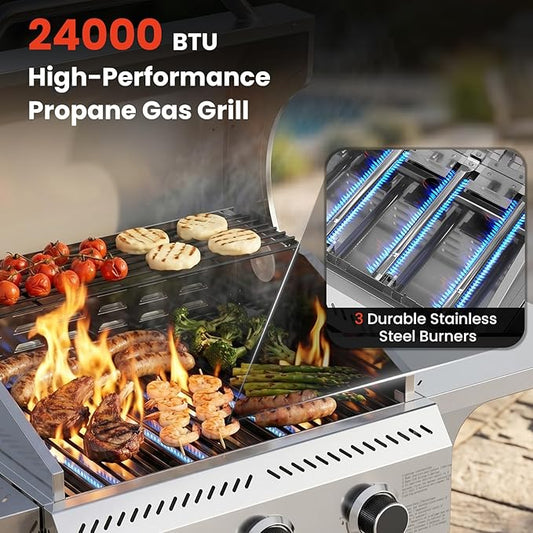 COWSAR 3 Burner Propane Gas Grill, 24,000 BTU Outdoor BBQ Grill with Side Table, Porcelain-Coated Cast Iron Grates, Removable Grease Tray for Backyard Cooking