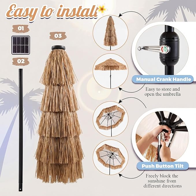 CroBlissful 7.5 ft Solar Tiki Umbrella with 32 LED Lights, Hula Thatched Patio Umbrella, UPF 50+, Hawaiian Style Beach Parasol for Garden, Beach, Pool, and Backyard