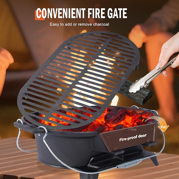 Portable Cast Iron Hibachi Grill - Pre-Seasoned Charcoal Grills, Double-Sided Grate & Adjustable Air Vents, BBQ for Camping, Backyard, Tailgating (Ellipse)