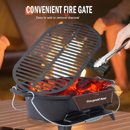 Portable Cast Iron Hibachi Grill - Pre-Seasoned Charcoal Grills, Double-Sided Grate & Adjustable Air Vents, BBQ for Camping, Backyard, Tailgating (Ellipse)