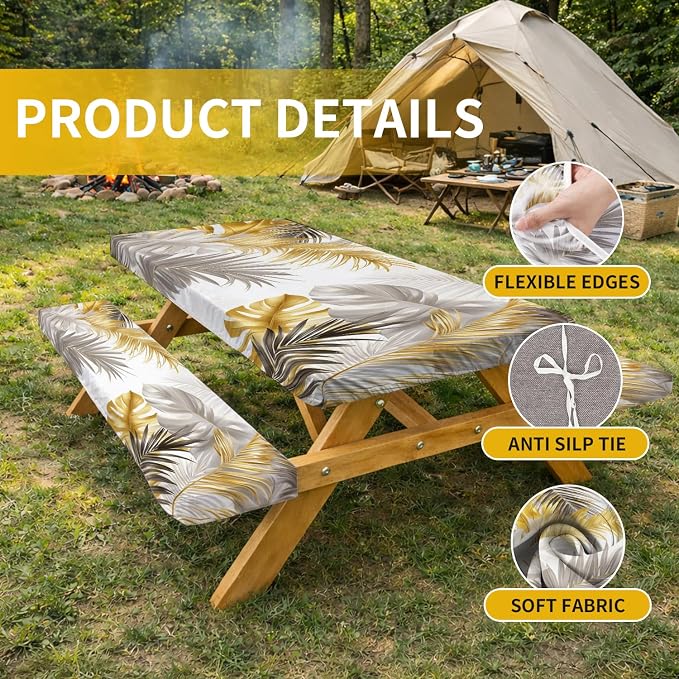 Picnic Table Cover with Bench Covers, 72 X 30 Inch Elastic Fitted Camping Tablecloth with Strap Design for 6FT Rectangle Tables, Windproof Outdoor Tablecloth Set with Storage Bag