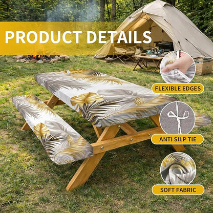 Picnic Table Cover with Bench Covers, 72 X 30 Inch Elastic Fitted Camping Tablecloth with Strap Design for 6FT Rectangle Tables, Windproof Outdoor Tablecloth Set with Storage Bag