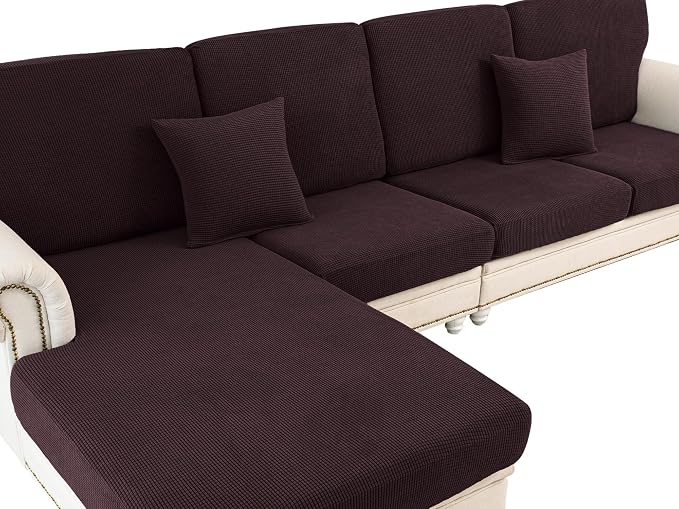 LA MEACK Couch Cushion Covers for Sectional Sofa L Shape Washable Separate Seat Chaise Couch Cover Stretch Sofa Slipcovers with 2 Pcs Pillowcases(2 Seater + 1 Chaise, Brown)
