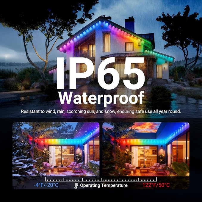 NEEWER 96ft Permanent Outdoor Lights for House Decor, Smart AI RGB IC CW Outside Eaves String Christmas Lighting, 60 LED Lights, App Control 50+ Scenes IP65 Waterproof, Compatible with Alexa, NR02