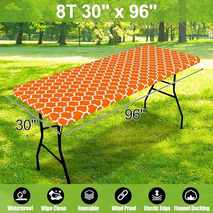 Smiry Picnic Fitted Table Cover, 8 Foot Flannel Backed Vinyl Tablecloth | Waterproof Elastic Stretch Table Cloth, Wipeable Plastic Tablecloth for Camping, Indoor & Outdoor (Orange, 30" x 96")
