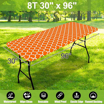 Smiry Picnic Fitted Table Cover, 8 Foot Flannel Backed Vinyl Tablecloth | Waterproof Elastic Stretch Table Cloth, Wipeable Plastic Tablecloth for Camping, Indoor & Outdoor (Orange, 30" x 96")