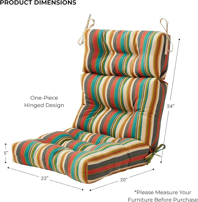 Outdoor Tufted High-Back Chair Cushions, One-Piece Hinged Seat and Back Design, Reversible with 4 Ties, Durable Polyester Fabric, Recycled Fiber Fill - Single, Sunset Stripe - Updated