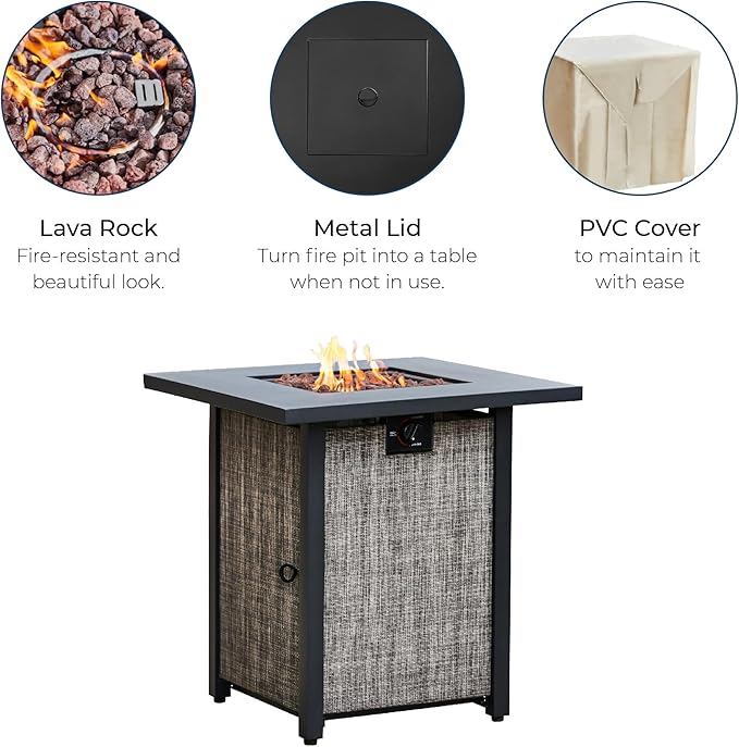 Teamson Home 27.95" Outdoor Metal & Textliene Propane Gas Fire Pit Table and Accessories, Brown/Beige
