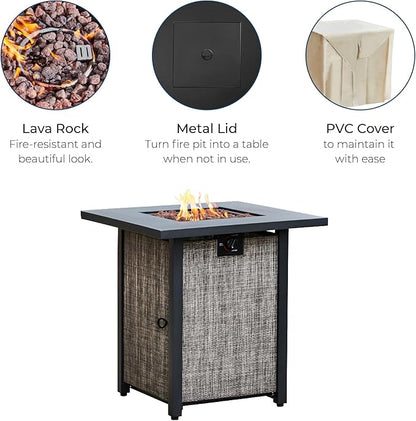 Teamson Home 27.95" Outdoor Metal & Textliene Propane Gas Fire Pit Table and Accessories, Brown/Beige