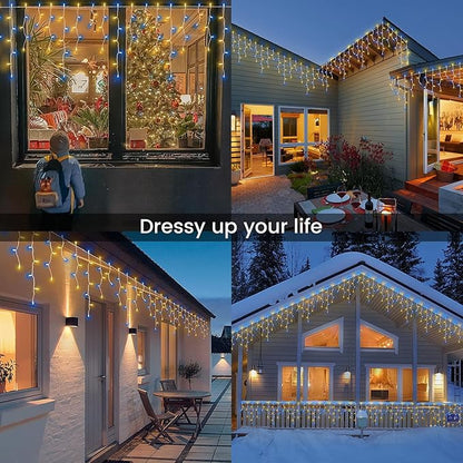 200ct Blue&Clear Mini Icicle Christmas Lights, 23FT White Wire Incandescent Bulb String Lights, Connectable Indoor Outdoor for Eaves, Window, Curtain, Party, Wedding