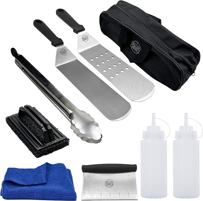 Grillers Choice-Griddle Accessories Set- 9 pc-Metal Spatula Set, Commercial Heavy Duty Stainless Steel,Flat Top,Grill,Indoor-Outdoor,Hibachi,BBQ Grilling Utensils- Designed by Chef and BBQ Judge