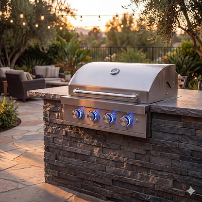 27 In Built-in Outdoor Gas BBQ Grill, 4-BurnerStainless Steel Drop-in Grill with LED Ambient Lighting, 304 Brushed Stainless Steel, Heavy Duty Outdoor Kitchen Island Grill