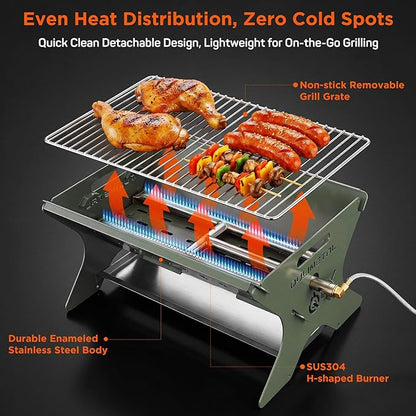 QuliMetal Portable Camping Grill, Foldable 3-in-1 Charcoal Wood Gas Grill with Carry Bag, Heavy-Duty Stainless Steel BBQ Fire Pit for Outdoor Cooking Backpacking Tailgating Patio Backyard