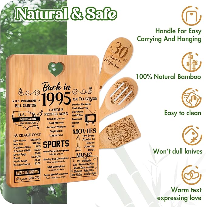 30th Birthday Gifts for Women - "Back in 1995" 30th Birthday Gifts for Men Cutting Board, Bamboo-Made Engraved "Year 1995 News" 30th Birthday Gifts