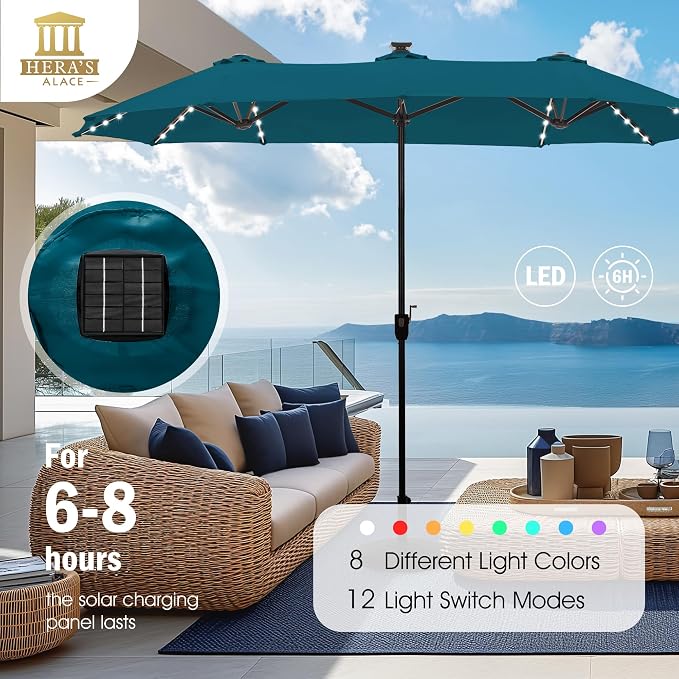 HERA'S PALACE 13 ft Patio Umbrella with 120 LED Solar Lights Double Sided Outdoor Umbrella for Patio 8 Colors Changing Table Umbrella for Garden Pool, Cerulean