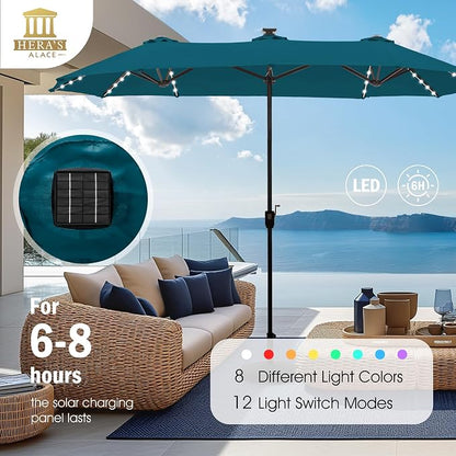 HERA'S PALACE 13 ft Patio Umbrella with 120 LED Solar Lights Double Sided Outdoor Umbrella for Patio 8 Colors Changing Table Umbrella for Garden Pool, Cerulean