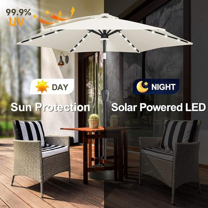 FLAME&SHADE Solar Patio Umbrella with Centre Light, 7.5 FT Ivory | UV Protection, Small Solar Outdoor Umbrella for Porch, Deck, Backyard, Garden, Provides Evening Lighting, 24 LED Lights