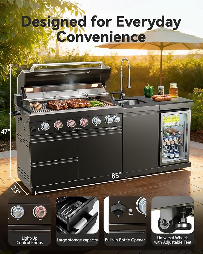 82" Natural Gas Outdoor Kitchen Island with Grill, 6-Burner 85,000 BTU BBQ Island, 304 Stainless Steel, Refrigerator, Sink & Rotisserie, Black