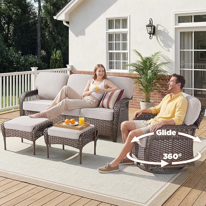 Belord Luxury Outdoor High Back Couch, All-Weather Wicker 3-Seater Sofa, Wicker Patio Furniture for Deck Porch Garden,Beige