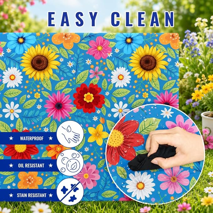 Cinrobiye 3PCS Floral Picnic Table Cover Set Fitted Elastic Waterproof Tablecloth with Bench Covers Blue Flower Camping Table Cover for Outdoor Picnic Camping Backyard BBQ 72 x 30 Inch