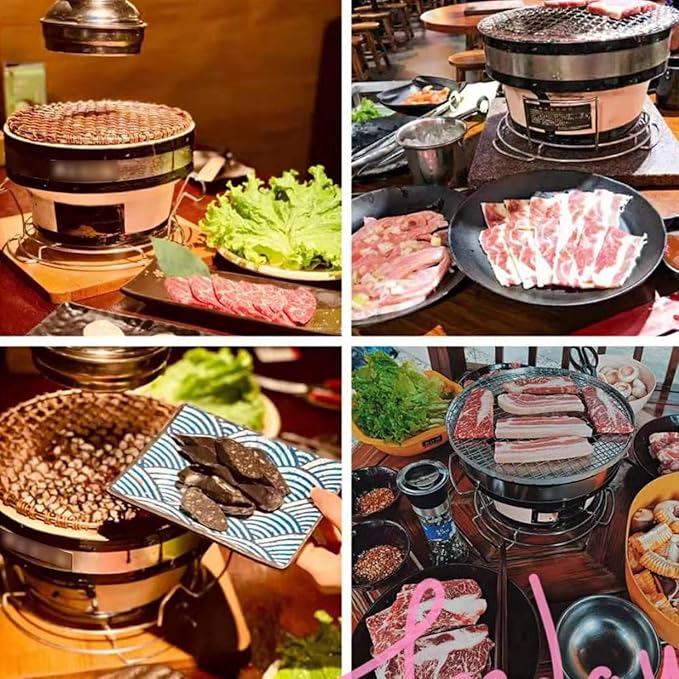 Table Top Round Clay Charcoal Stove, Japanese Ceramic Pottery Barbecue Stove, Outdoor Charcoal Stove with Wire Mesh Grill (A)