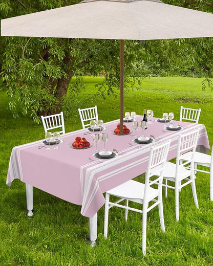 QueenKer Outdoor Tablecloth with Umbrella Hole, Farmhouse Pink White Stripe Rectangle Tables Waterproof Tabletop Collection for Patio, Garden, Picnic, Camping, Dining 52 x 70 inch