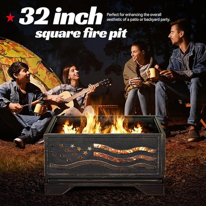 Verdeluxe 32Inch Square-Shaped Fire Pit,Outdoor Fire Pits with Spark Screen&Poker,Metal Square Wood Burning Firepits for Outside,Backyard,Bonfire,Patio,Party,Garden,Picnic and Camping(Antique Bronze)