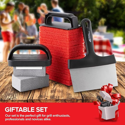 15-Piece Griddle Cleaning Kit, 10 Scouring Pads, 2 Grill Stone Bricks, 1 Indoor Grill Scraper, 2 Handles, Griddle Cleaner Kit for Blackstone & Weber BBQ Flat Top, Griddle Cleaning Accessories