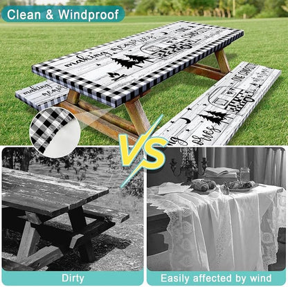 Picnic Table Cover with Bench Covers Elastic Edges, Camper Plaid Wooden Fitted Table Cover, Outdoor Patio Camping Essentials 60 Inch 3PCS, Waterproof Camping Fitted Tablecloth with Drawstring Bag