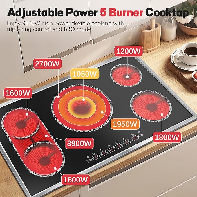 36 Inch Electric Cooktop, 5 Burner Stove Top Touch Control, 36" Glass Ceramic Stove Top 9600W with BBQ & Flexible Zone, Child Lock, Timer, Overheat Protection, 220-240V Hard Wired (No Plug)